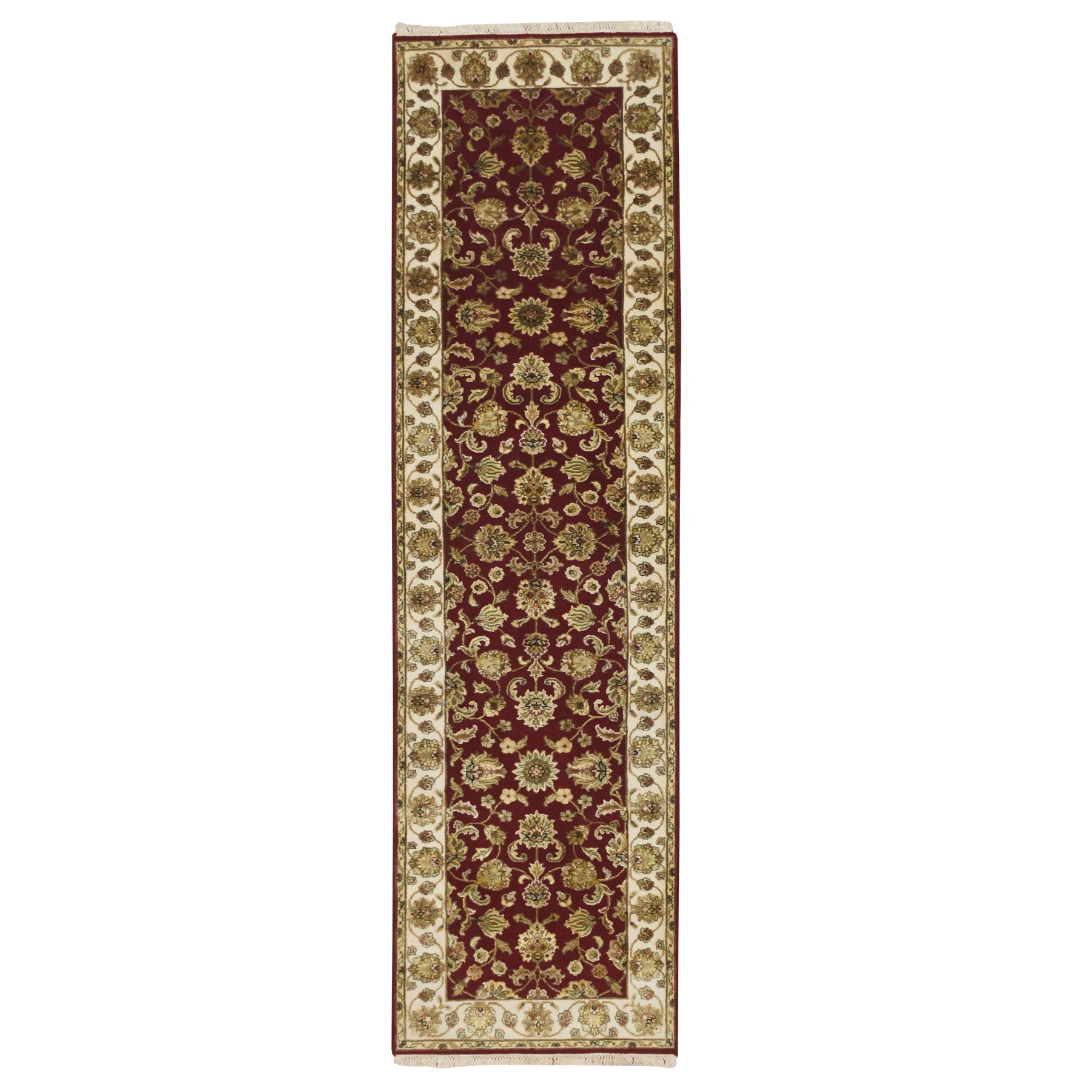 Angels Red, Wool and Silk, Soft Pile, Rajasthan with All Over Leaf Design, Hand Knotted, Thick and Plush, Runner, Oriental Rug
